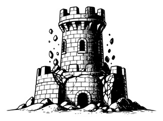 Hand drawn crumbling medieval castle tower with falling stones in vintage engraving style © Logan