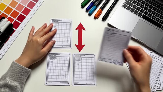 Hands organizing grid cards with laptop and markers on desk