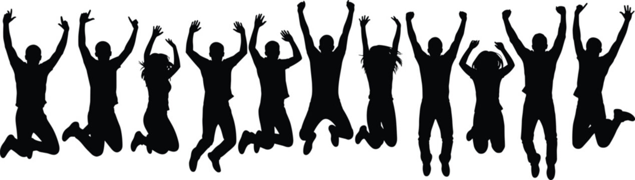 Silhouettes of people jumping celebration, group joy unity, achievement success vector illustration, 