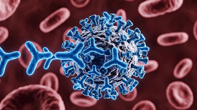 Microscopic Virus in Bloodstream - A detailed, close-up 3D video depicts a virus particle surrounded by red blood cells. The virus has a spiked protein structure which allow it to infect cells.