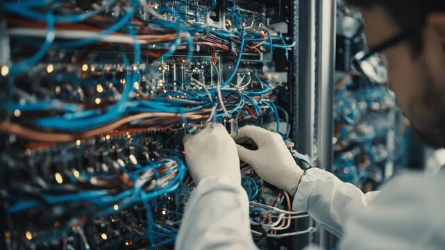 Medium shot of a technician configuring nodes on a private blockchain network ensuring high security for enterprise transactions.