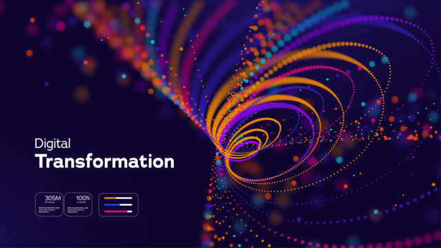 Futuristic Digital Technology Background.Digital Transformation Concept With Colorful Data Vortex Dots On Dark Background. Digital Transformation Ideas For Big Data Analytics. Vector Illustration.