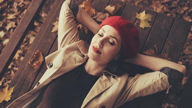 Dreamy young woman in red beret and trench coat relaxing on a wooden bench surrounded by autumn leaves, looking upwards wistfully.