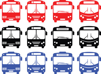 Public transportation bus front view collection for city transit school travel and commuting design
