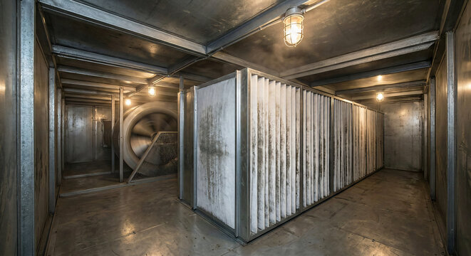 Industrial HVAC filtration plenum and commercial air handling unit equipped with massive pleated filters and exhaust fan