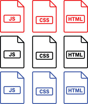 File icons for JavaScript CSS and HTML in red black and blue representing web development languages