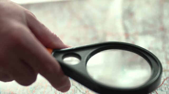Hand holding magnifying glass over map for research and travel planning.