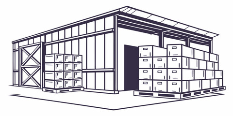 A large industrial warehouse with stacked pallets and forklifts inside. © AD