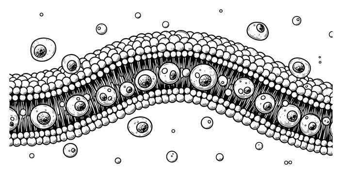 Abstract biological cell membrane structure with surreal eyeball elements in an organic hand drawn engraving style