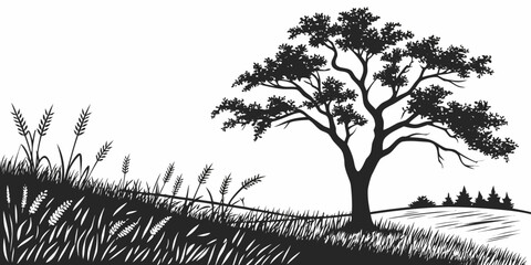 A solitary tree stands tall on a grassy hillside under a clear sky © AD