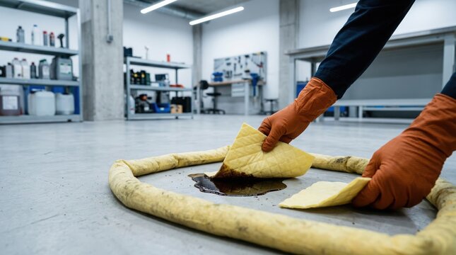 Worker in Protective Gloves Cleaning Up Hazardous Chemical Spill on Industrial Floor