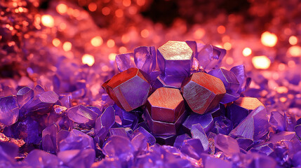 Purple crystal formations with golden accents on colorful background 