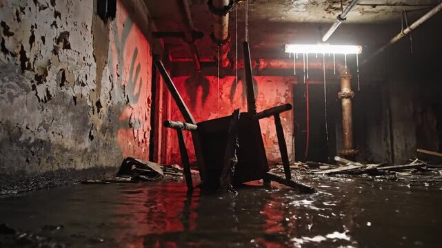 Forgotten attic corner with peeling walls, dripping pipes, and a dusty wooden chair