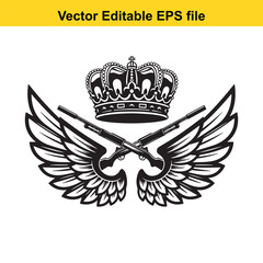 Naklejka premium Military Winged Crown Emblem with Crossed Rifles - Vector Illustration