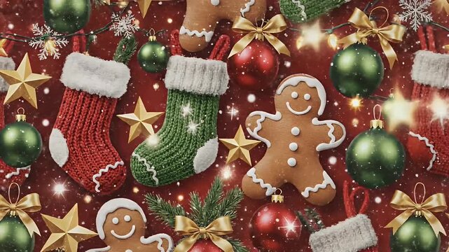 Christmas Pattern with Stockings and Gingerbread Men - This festive video showcases a repeating pattern of Christmas stockings, gingerbread men, star ornaments, and baubles against a red backdrop.