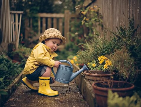 Ni&ntilde;os en el jard&iacute;n familiar con botas de lluvia y herramientas, concepto de jardiner&iacute;a infantil, aprendizaje ecol&oacute;gico y conexi&oacute;n con la naturaleza en entorno exterior colorido