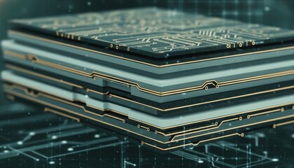 Obraz premium Intricate multi-layered circuit board technology showcasing complex electronic connections and pathways