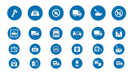Collection of blue and white circular icons representing various concepts.