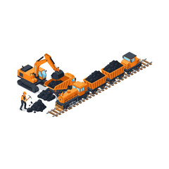 Naklejka premium Isometric Coal Mining Operation with Excavator and Train.