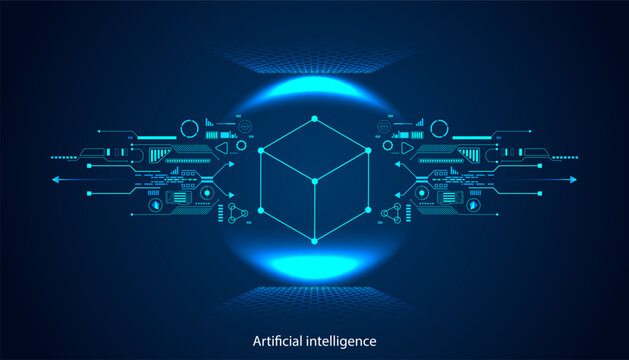 Artificial intelligence vector illustration with glowing 3D cube and circuit lines. Machine learning and tech innovation concept.