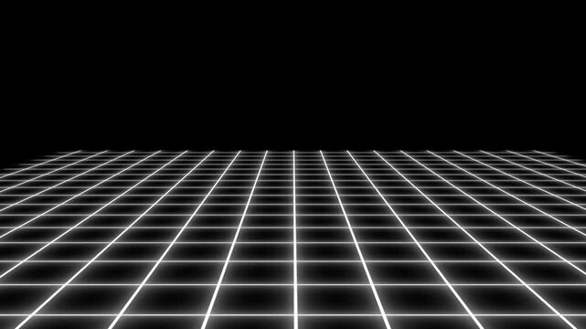 3d perspective grid lines loop animation retro animated background. Moving grid on black background motion animation.
