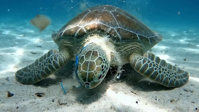 Sea turtle entangled in plastic ghost fishing net debris on seabed.
