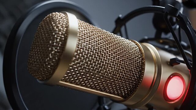 Professional Studio Microphone - Close-up shot of a gold studio microphone with a pop filter, perfect for recording audio, podcasts or vocals.