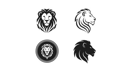 Minimal luxury lion logo silhouette set featuring corporate branding variations including geometric lion head, elegant flowing mane design © delly