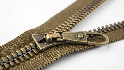 A macro closeup of an open metal zipper on black leather fabric isolated on a white background for fashion clothing and textile detail