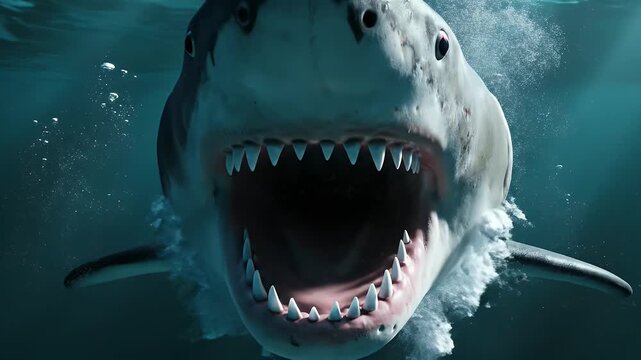 Great White Shark Open Mouth Underwater - This underwater shot shows a great white shark with its mouth wide open, revealing rows of sharp teeth.