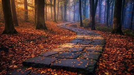 A winding stone path through an autumn forest covered in vibrant orange and brown leaves, bathed in soft, ethereal light.