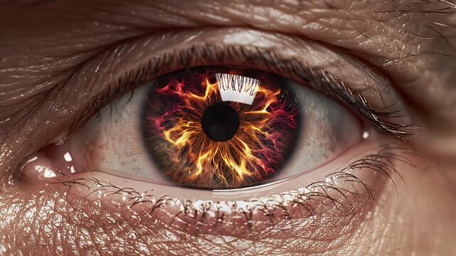 Fiery Eye Close-Up - A macro shot reveals a human eye with a fiery iris, showcasing intricate patterns in shades of red, orange and yellow.