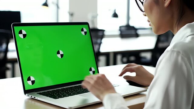 Asian Woman Using Laptop with Green Screen - A closeup shows a young Asian woman typing on a laptop, which has a bright green screen with tracking markers in the corners.