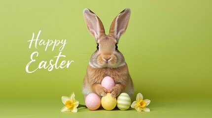 Obraz premium Happy Easter Greeting with Cute Bunny Holding Pastel Eggs and Daffodil Flowers on Green Background, Spring Holiday Studio Portrait with Handwritten Text Design