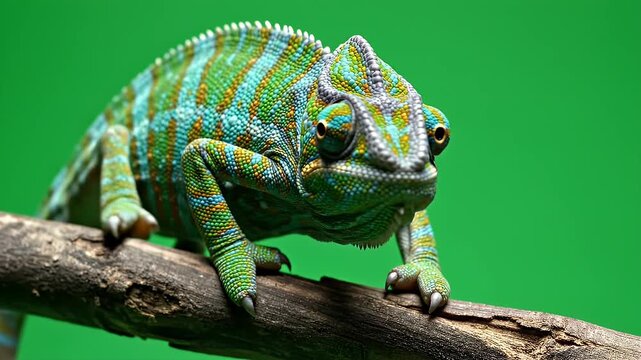 Colorful Chameleon Close-Up on Branch - A colorful chameleon with vibrant blue, green, and orange patterns is shown in a close-up shot, perched on a branch. The background is a solid, bright green.