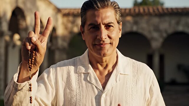 Latino Man Offering Peace with Rosary - A contemplative Latino man dressed in a traditional Guayabera shirt holds a rosary and offers a peace sign with his hand.