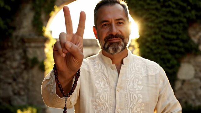 Man Offering Peace with Rosary Beads - A Latino man in a guayabera shirt holds rosary beads and flashes the peace sign, radiating a sense of calm and contemplation.