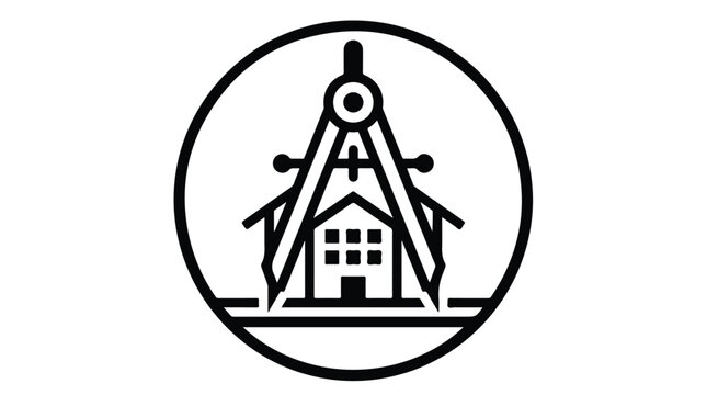 Black line drawing of a house with a compass and triangle on a white background with geometric shapes.
