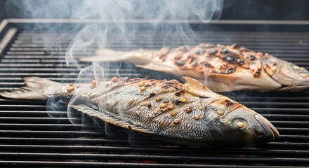 Two whole fish grilling on a barbecue with smoke rising, close-up