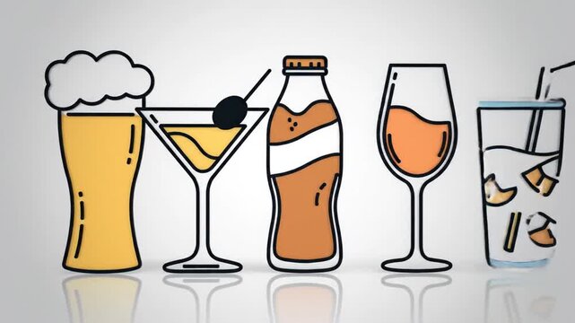 Minimalist coffee and tea icons with French press on white background