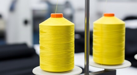 Two spools of bright yellow thread on a machine in a textile factory