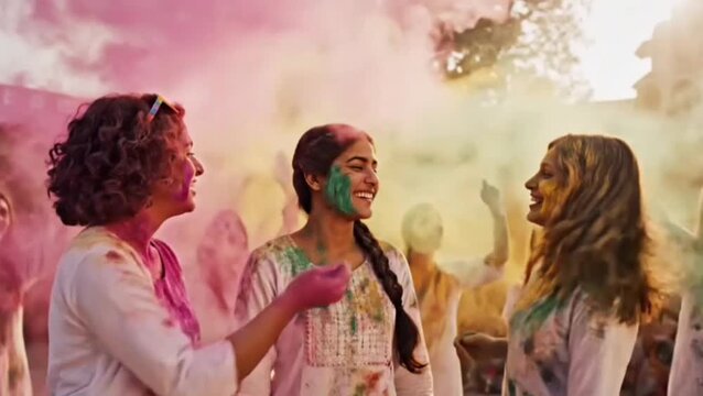 Girls playing Indian Festival Holi Celebration Slowmotion
