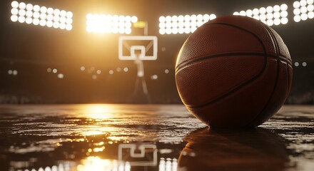 Close-up of a basketball on a wet, reflective court in a dimly lit stadium during a sports game, with bright lights in the background.
