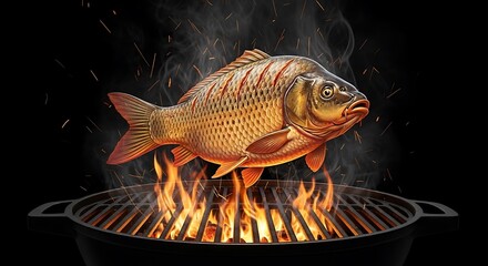Whole grilled carp fish with grill marks and charcoal flames, sizzling on a barbecue grate