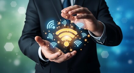 Businessman Hands Holding Glowing Wi-Fi Signal Symbol, Concept for Wireless Connectivity