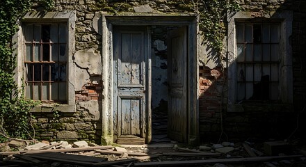 Abandoned derelict building exterior with crumbling stone walls, broken windows, and overgrown ivy, post-apocalyptic mood