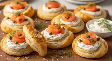 Collection of delicious smoked salmon appetizers with cream cheese and dill on puff pastry, served on a wooden board