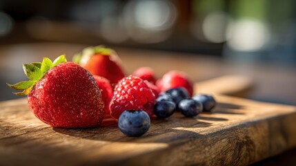 A bountiful collection of fresh organic berries including strawberries, raspberries, and blueberries on a wooden surface