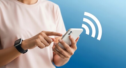 Woman using smartphone with Wi-Fi signal icon, concept of mobile connectivity and wireless internet access