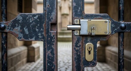 Close-up of a weathered, rusty metal gate with a secured lock, symbolizing security, privacy, or restricted access in an old, historic setting.